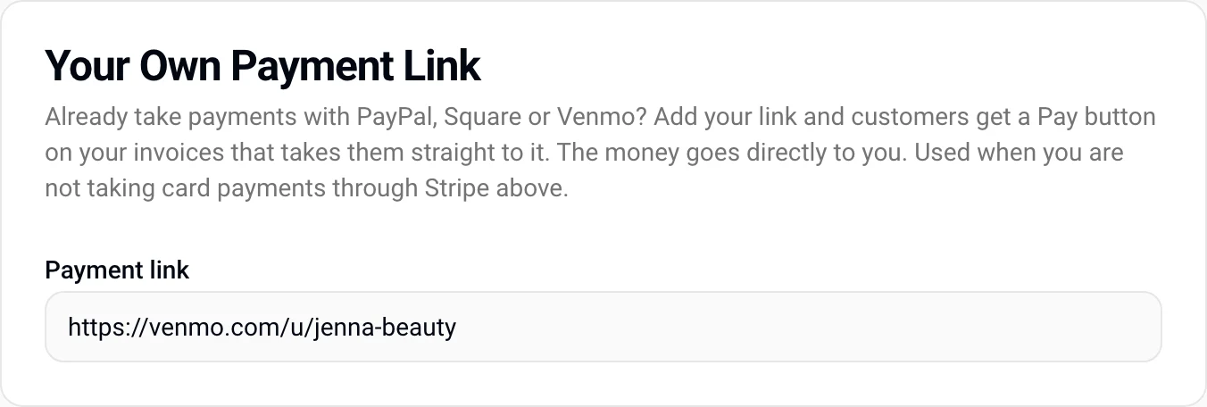 The Your Own Payment Link setting with a Venmo link filled in