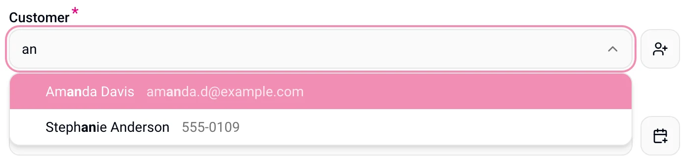The customer picker showing an email and a phone number beside each matching name