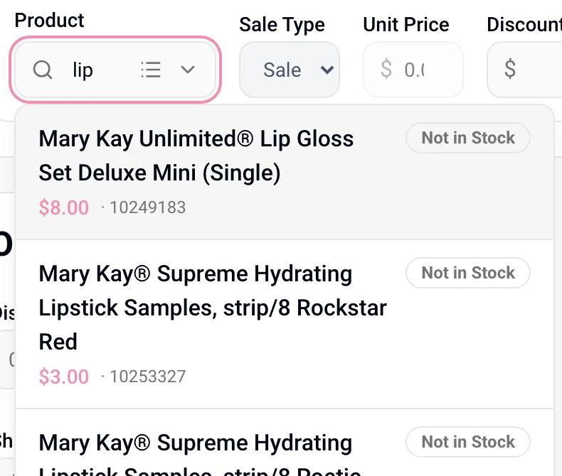 The product picker on a receipt, searching for lip products with price and stock shown